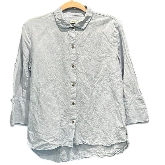 Halston Heritage Powder Blue Coastal Grandma Linen And Viscose Button Down Shirt - Picture 5 of 13